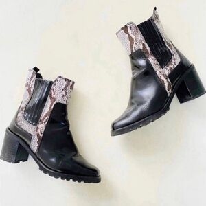 Aldo Black Leather Chunky Heeled Western Snake Print Moto Boots 7.5